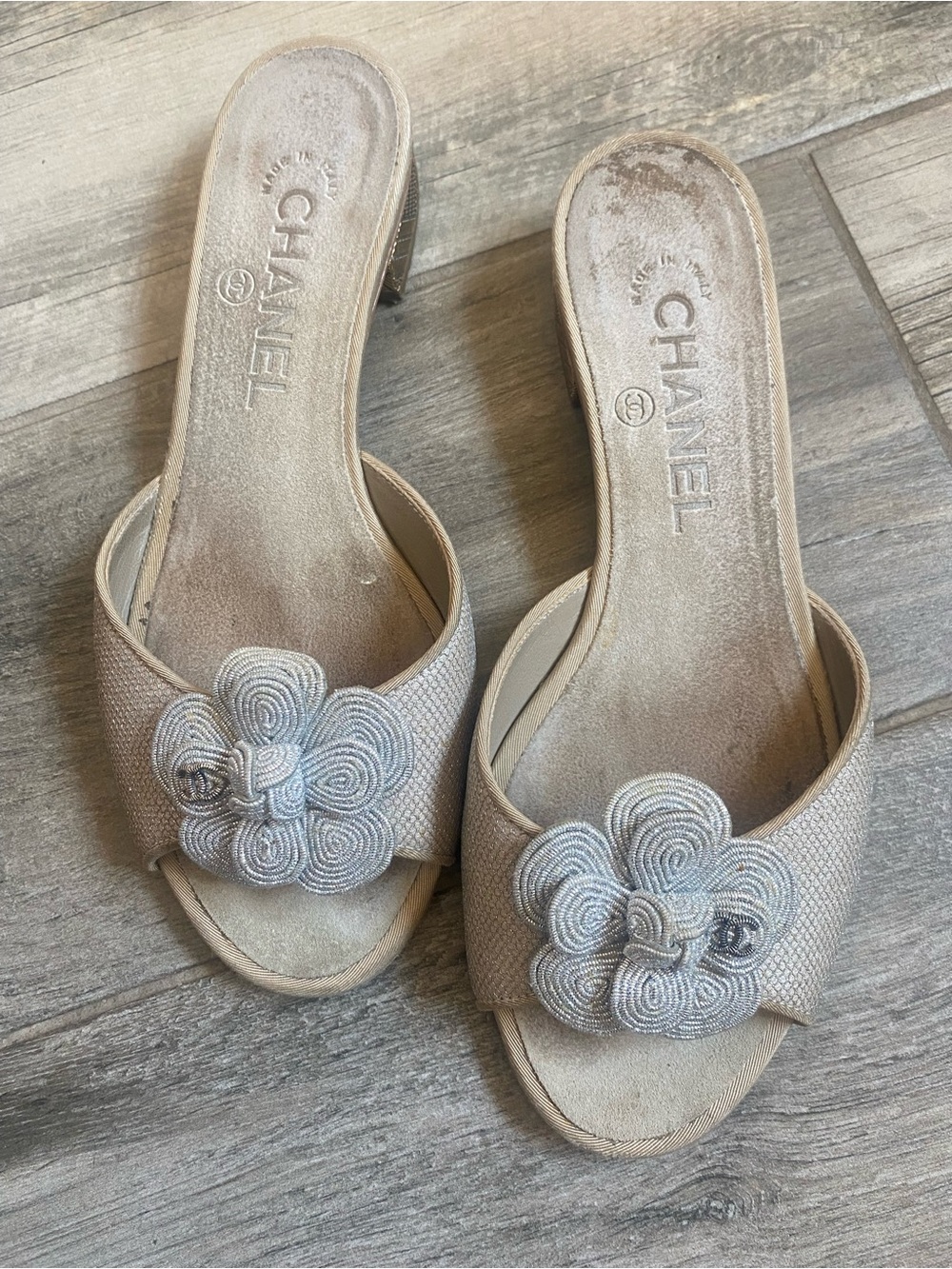 CHANEL Beige Camellia Embellished Slide Mules